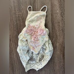 Beautiful one of a kind lace baby girl onesie with lace train. 9-12 months.